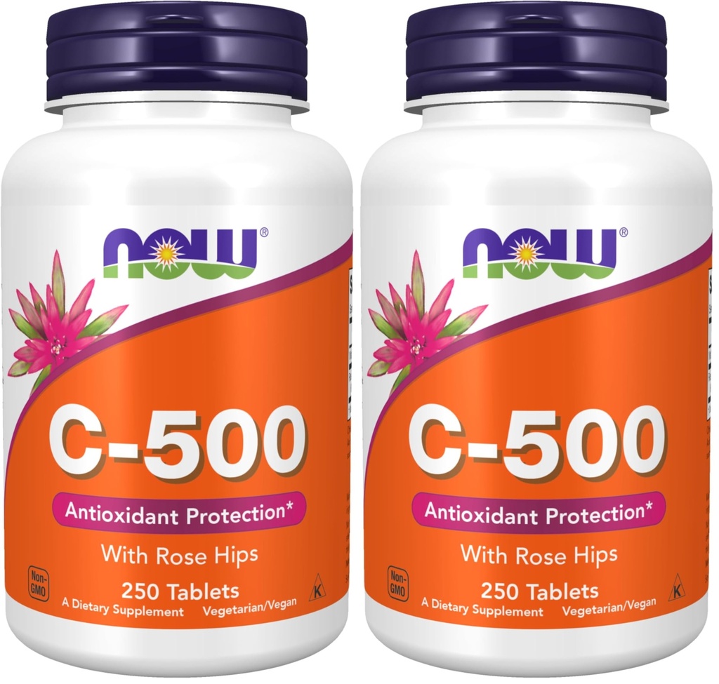Now Supplements,Vitamin C-500 with Rose Hips,Antioxidant Protection*,250 Tablets,(Pack of 2)