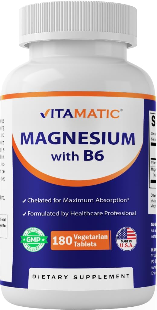 B6-180 Vejetaryen Tabletleri ile Vitamatic Magnezyum (Uncoated) - Maksimum Absorpsiyon için B6 eklendi - Supports Muscle, Joint, and Heart Health Health