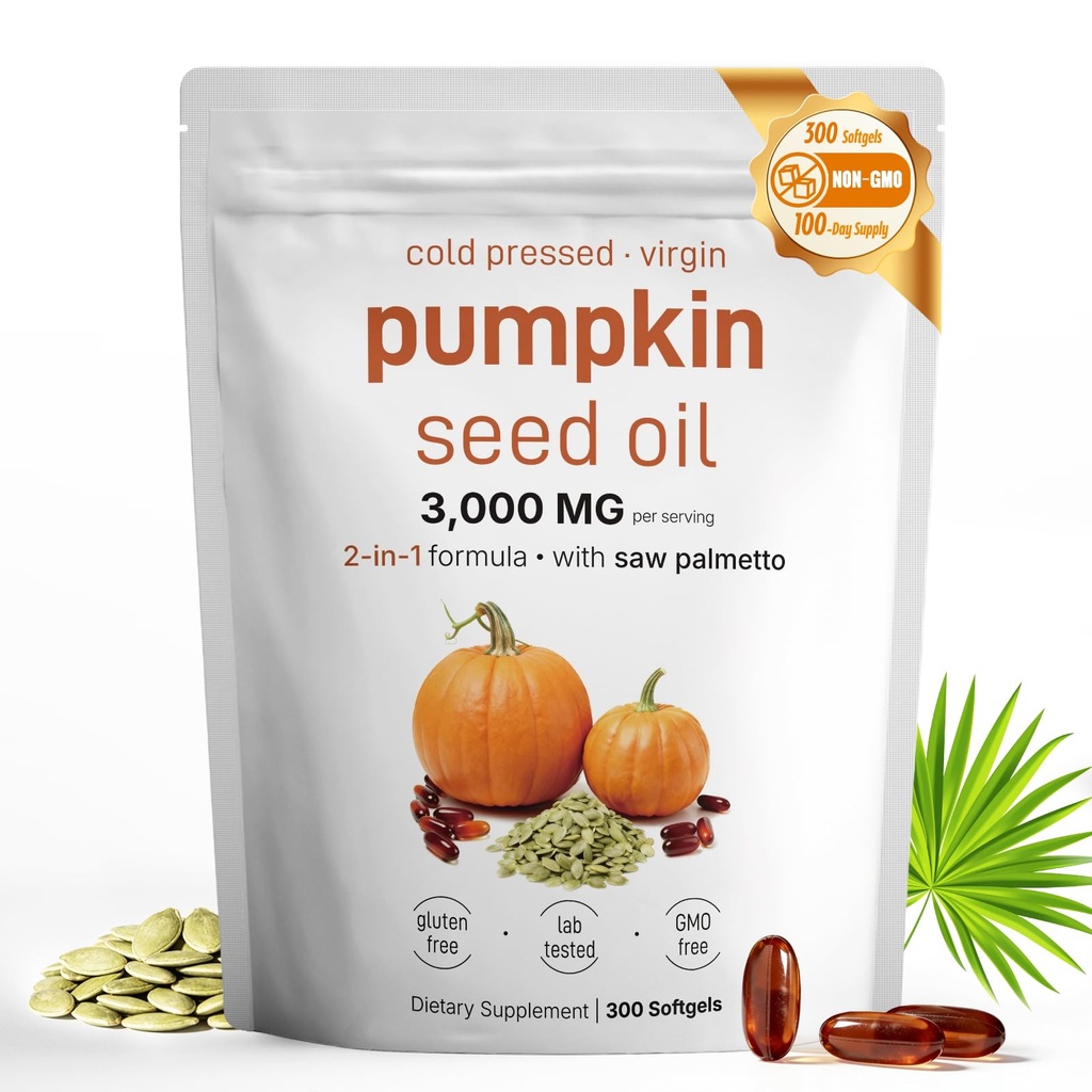 Pumpkin Seed Oil with Saw Palmetto - Cold-Pressed Softgels for Hair Growth & Prostate Support - Organic Supplement for Men & Women, Non-GMO, 300 Softgels