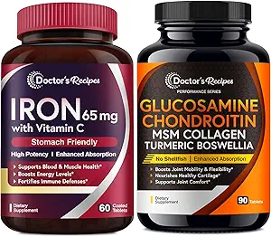 Συνταγές Γιατρού Iron 65 mg & Glucosamine Chondroitin MSM Bundle, Healthy Iron Levels & Comfortable Joints, Iron Tablets 60 ct & Joint Support Tablets 90 ct