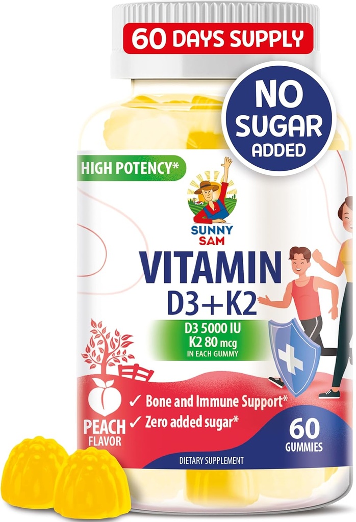 Sugar-Free Vitamin D3 K2 Gummies 5000 IU - Immune & Bone Support Gummies - Yetişkinler için D Gummy Supplement - High-Abxia, Vegan, Halal, Gluten-Free Chewables