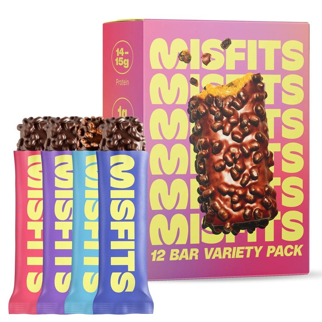 Misfits protein Bars - Yüksek Protein Candy Bars | Gluten Free Plantive, Low Sugar & Carb, High Fiber Snacks | 12 farklı paketi (4 Flavors)