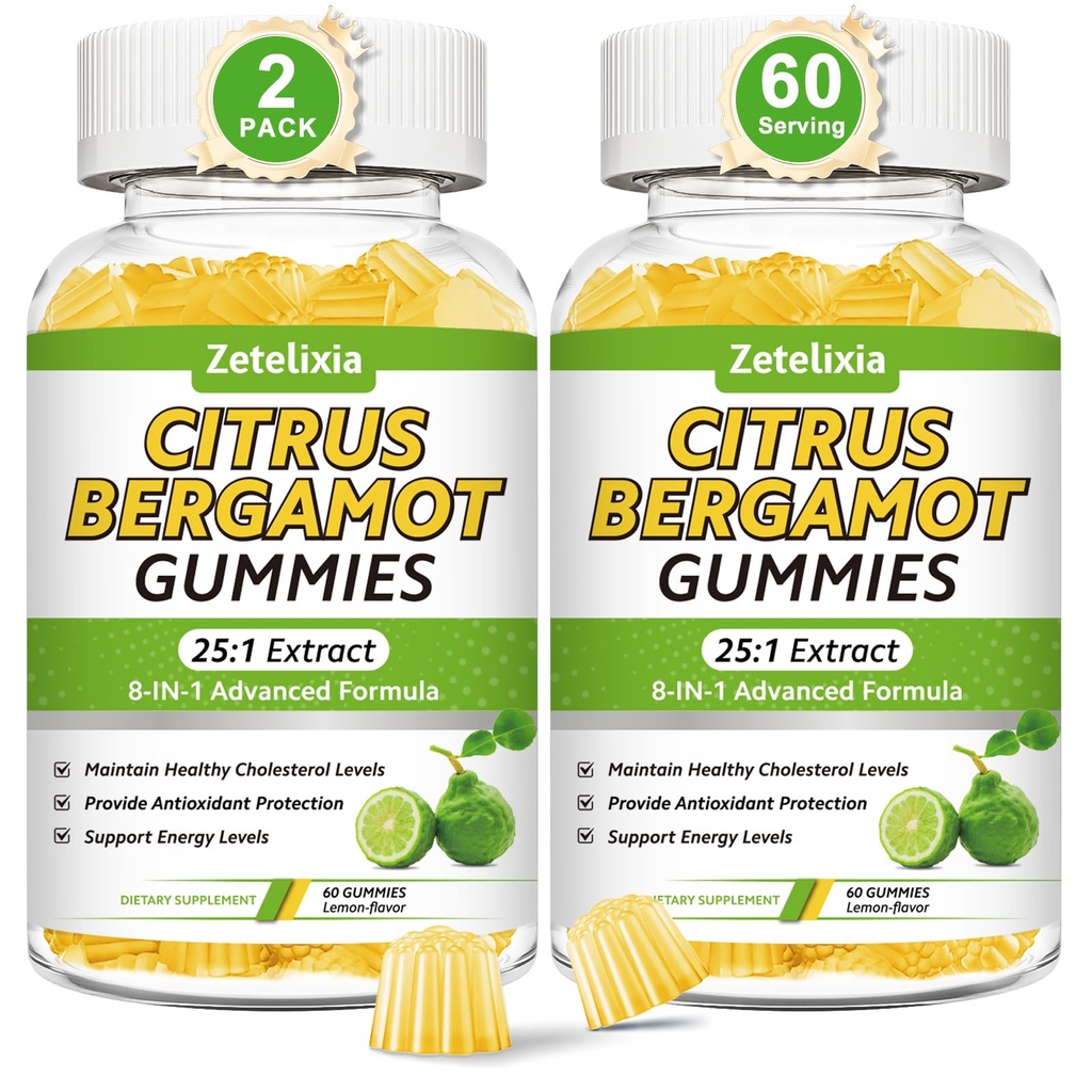 2 Pack Citrus Bergamot Gummies, Citrus Bergamot Supplement for High Cholesterol, Cholesterol Lowering Supplement for Heart, Immune System & Healthy Aging Support, Sugar Free, Lemon Flavor, 120 Cts