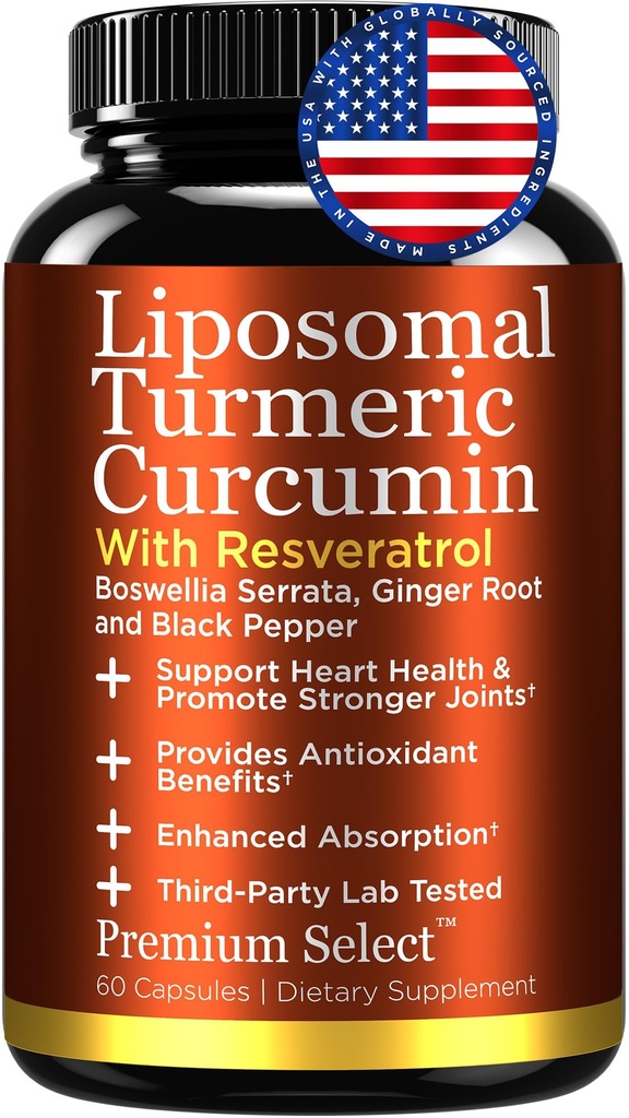 Liposomal Turmeric Supplement Liposomal Curcumin Capsules with Resveratrol, Boswellia Serrata, Turmeric and Ginger Supplement for Men & Women, Enhanced Absorption - Third-Party Lab Tested, Made in USA