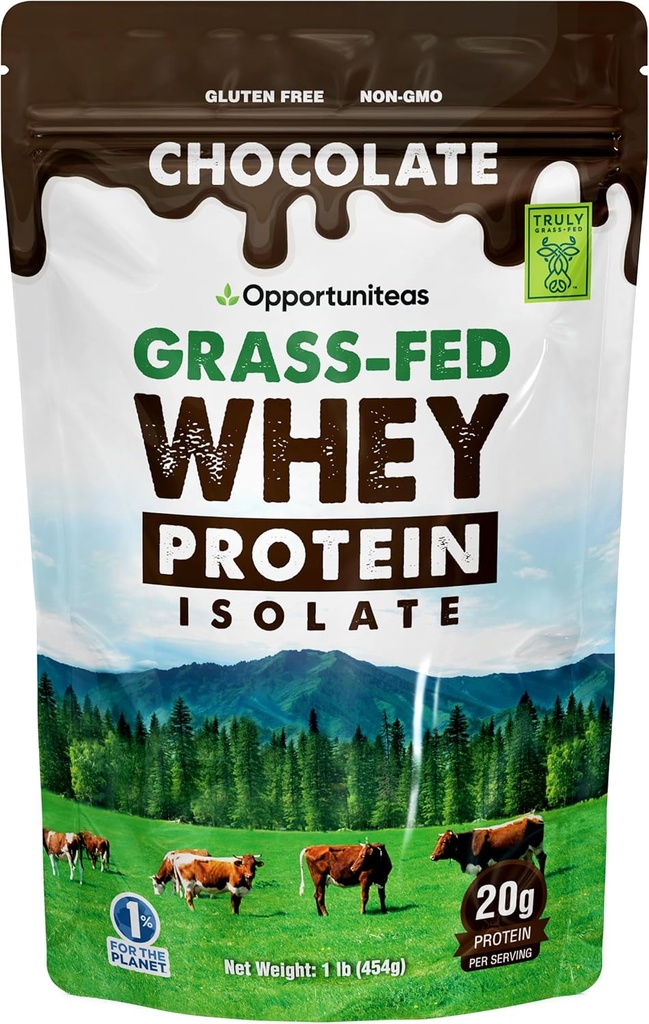 Opportunitas Grass Fed Chocolate Whey Protein Isolate Powder - 20g Protein Powder Χωρίς Τεχνητά γλυκαντικά, Hormone-free Happy Cows, Non GMO - 1lb