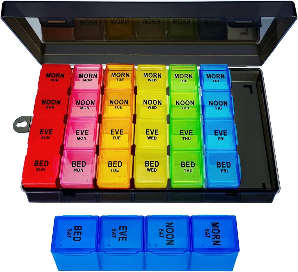Haftalık Pill Organizer 4 Times a Day, Large Medicine Organizer, Pill Box 7 Day 28 Karşılaştırma, Portatif Seyahat Pill Konteyner Örneği For Vitamin and Supplement (Renk)