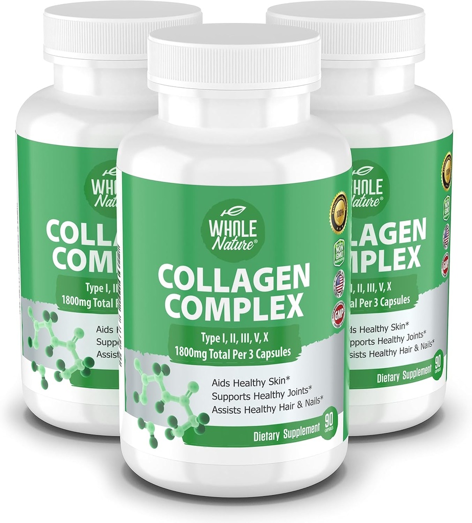 Multi Collagen Protein Supplement Supplement Capsules - 1800 mg Collagen Kompleks Tipleri I, II, III, V, X - Ortak Destek, Sağlıklı Saç, Cilt, Nails, Güzellik Vitaminleri, 100% Doğal, Non-GMO 270ct (3)