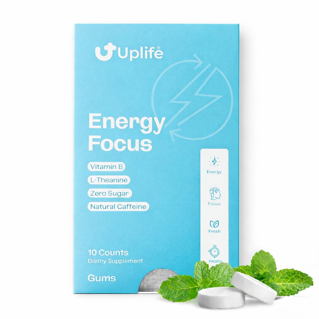 UPLIFE Energy and Focus Gum 10 Pcs – Made in USA - 40mg Nootropic Natural Caffeine + 80mg L-Theanine + Niacin Vitamin B3 & B12 – Sugar-Free, Vegan – Natural Coffee Alternative - Peppermint Flavor