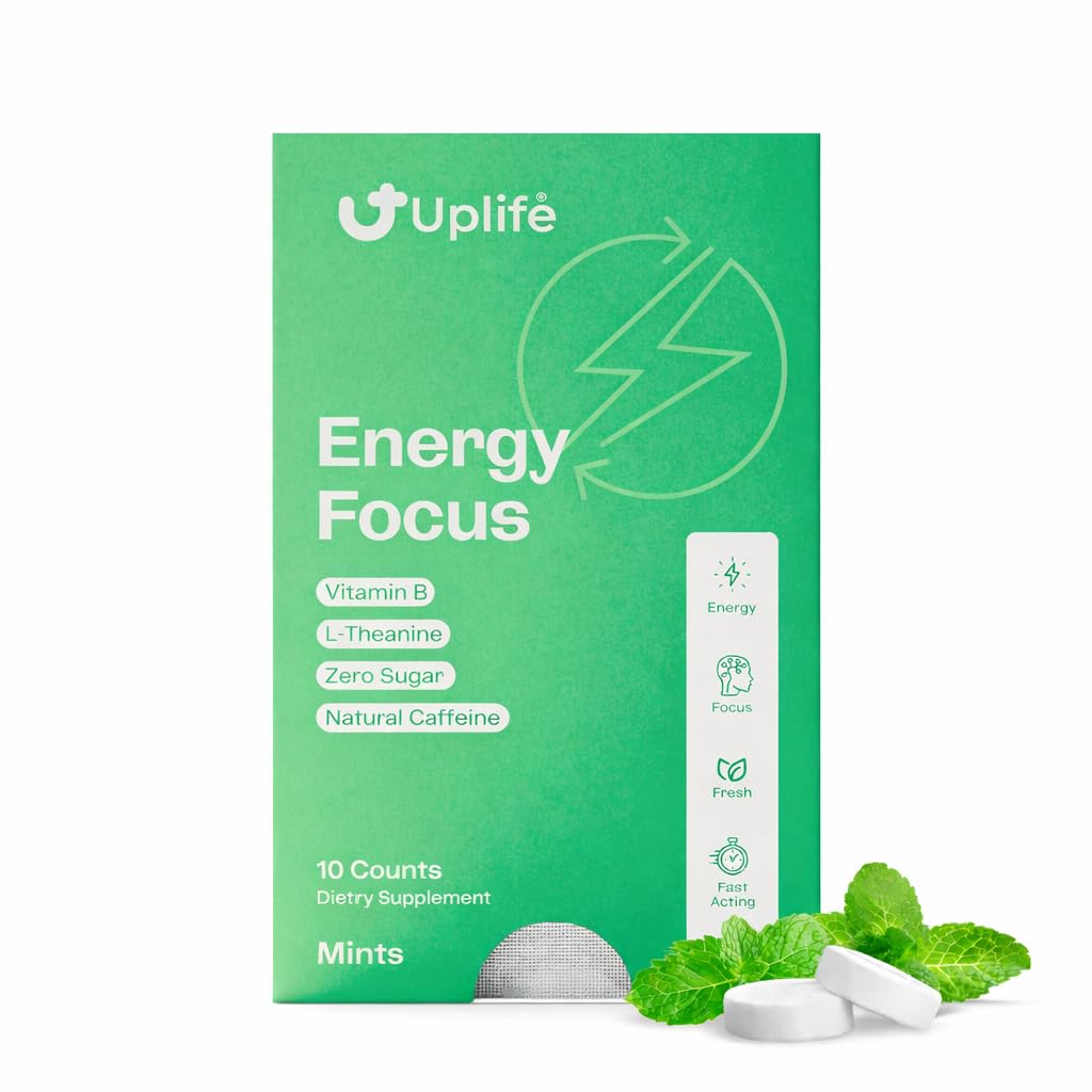 UPLIFE Energy and Focus Mint 10 Pcs – Made in USA – 40mg Natural Caffeine + 80mg L-Theanine + Niacin Vitamin B3 & B12 – Sugar-Free, Vegan - Natural Caffeine Mint Coffee Alternative - Peppermint