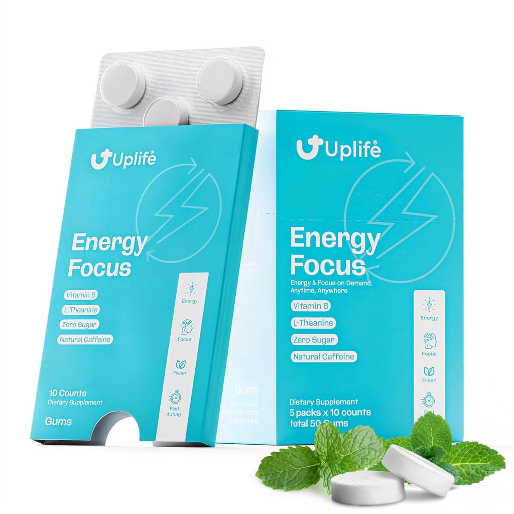 UPLIFE Focus and Energy Gum 50 Pcs – Made in USA - 40mg Natural Caffeine + 80mg L-Theanine + Niacin Vitamin B3 & B12 – Sugar-Free, Vegan – Natural Caffeine Gum Coffee Alternative - Peppermint Flavor