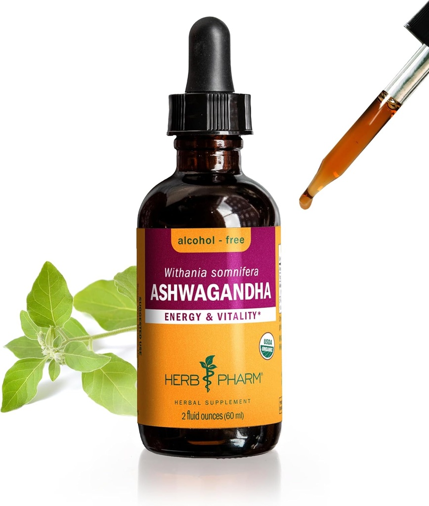 Herb Pharm Certified Organic Ashwagandha Extract Drops for Traditional support for Energy and Vitality, Glycerite χωρίς αλκοόλ, 2 Oz