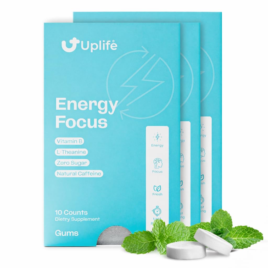 UPLIFE Energy and Focus Gum 30 Pcs – Made in USA - 40mg Nootropic Natural Caffeine + 80mg L-Theanine + Niacin Vitamin B3 & B12 – Sugar-Free, Vegan – Natural Coffee Alternative - Peppermint Flavor