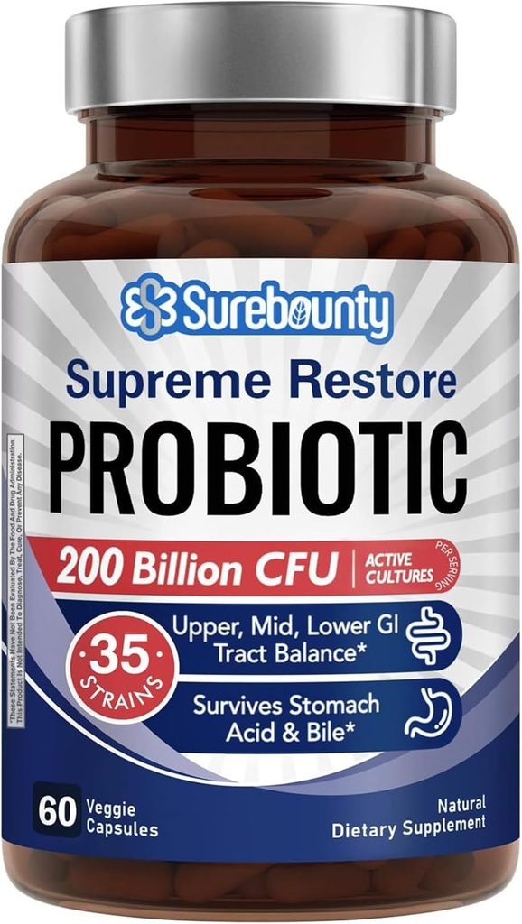Erkekler ve Kadınlar için Probiyotik, 200 Milyar CFU 35 Strains, Prebiyotiks + Digestive Enzymes, Supreme Restore Probiyotik Supplement, Upper, Mid, Lower GI Tract Balance, 60 Veggie Capsules, 1 Ay