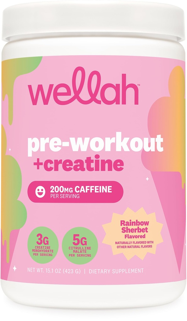Wellah Pre-Workout + Creatine Powder (30 Servings) Rainbow Sherbert - 200mg Caffeine, 3g Creatine Monohydrate, 5g Citrulline Malate, Pre-Workout with Creatine Supplement