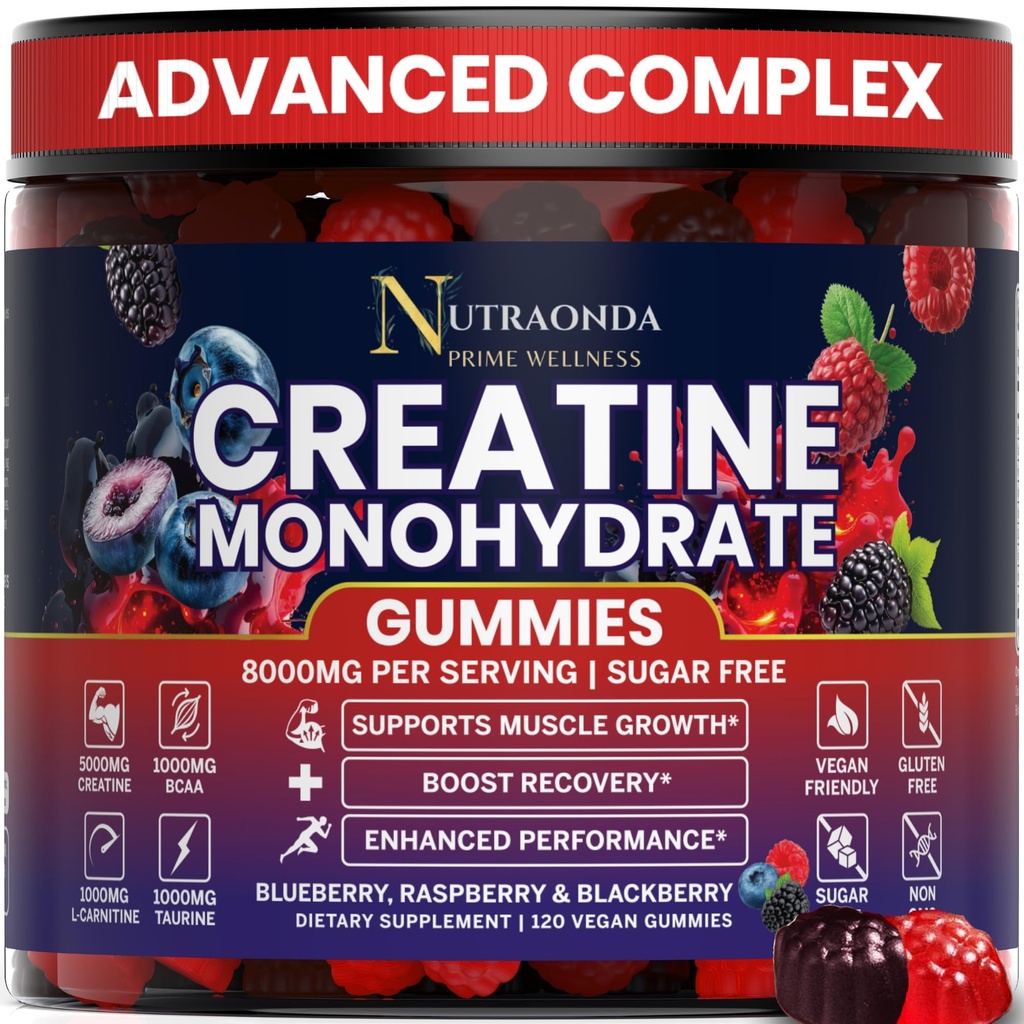 Pre-Workout Gummies – 120-Count Creatine Monohydrate Gummies for Men and Women – Pre-Workout Supplement with BCCA, L-Carnitine, Taurine for Muscle Growth, Energy, Performance – Berry Flavor