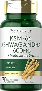 Carlyle KSM-66 Ashwagandha Capsules 600 mg | 70 Kont | Melatonin 5 mg | Potent Kompleks | Non-GMO, Gluten Free