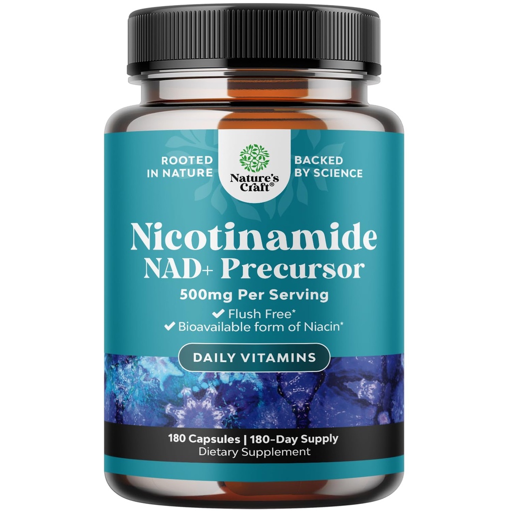 Vitamin B3 Niacinamide 500mg Capsules - Mitochondrial Energy and Potent Skin Supplement - AKA Vitamin B3 Niacin Flush Free and Nicotinamide 500mg - Flush Free Niacin Supplement - 180 Count