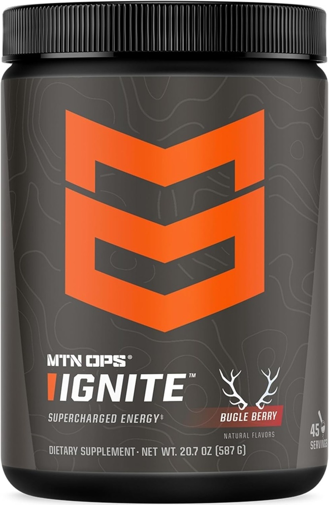 MTN OPS Ignite Energy Drink Toz, Gluten Free Nootropic Supplement Drink Mix, L Arginine, L Citrulline, Caffeine & Nootropic Sugar Free Drink Mix, 45 hizmet, Bugle Berry