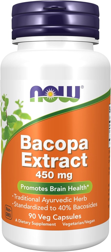 NOW Foods Supplements, Bacopa Extract (Bacopa monnieri) 450 mg, Promotes Brain Health*, 90 Veg Capsules
