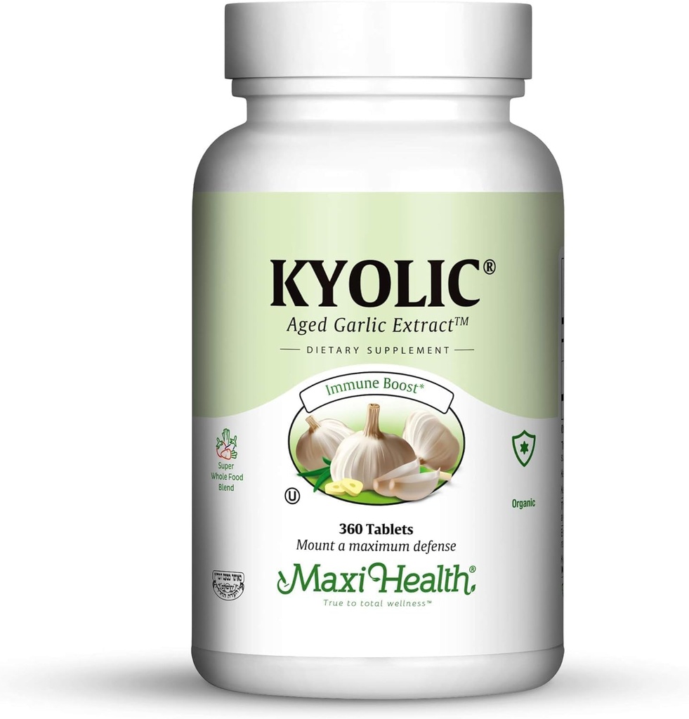 Maxi Health Kyolic Organic Σκόρδο συμπλήρωμα - Kosher Σκόρδο δισκία με Κιολικό Εκχύλισμα Σκόρδων Ηλικίας για Ανοσολογική Υποστήριξη - Χορτοφαγικά Σκόρδα χάπια (360 Count)