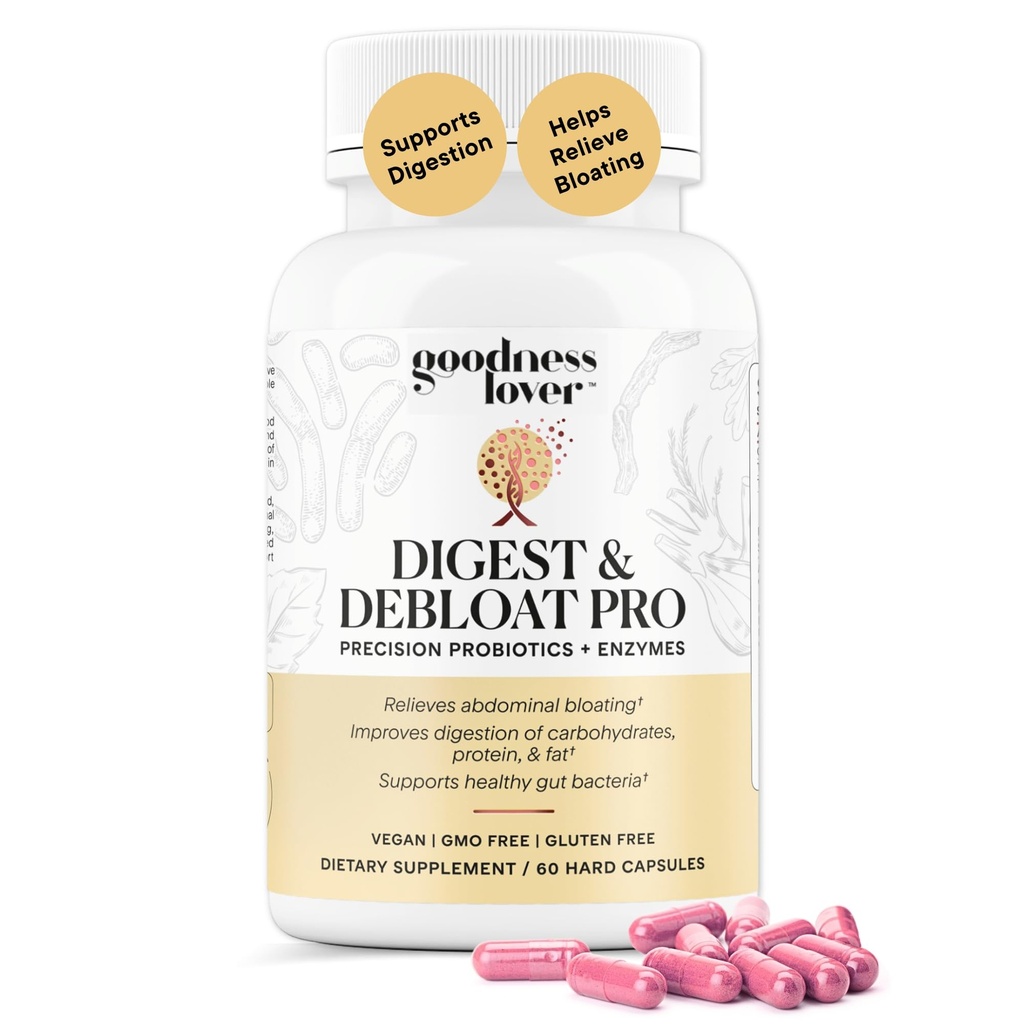 Goodness Lover Digest & Debloat Pro, Natural Digestive Enzymes Probiotics for Bloating Relief and Gas Relief, Probiotic Supplement for Women and Men, Vegan, Non-GMO, 90 Capsules