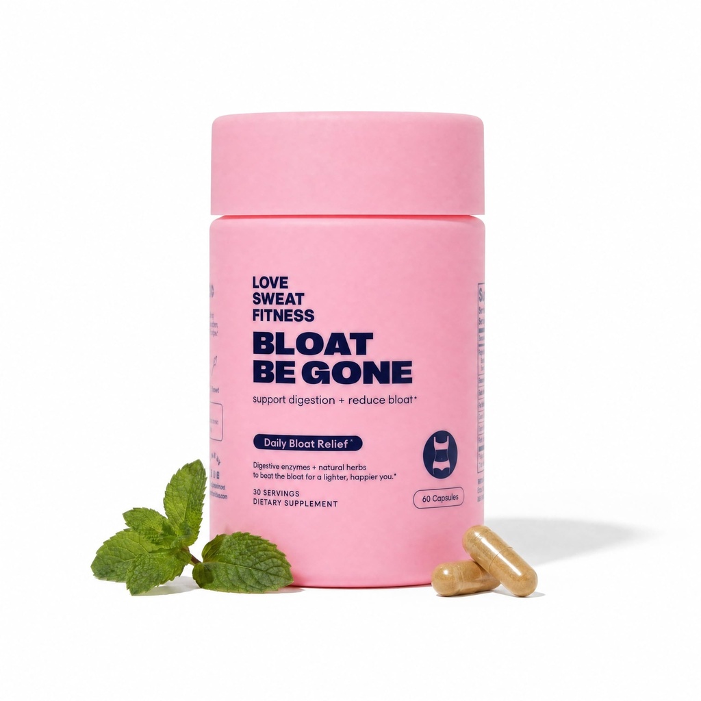 Love Sweat Fitness Bloat Be Gone | Bloating Relief for Women | Debloat & Digestive Enzyme Supplement for Gas & Gut Health | Herbal Blend with Ginger, Turmeric & Peppermint | 60 Vegan Capsules