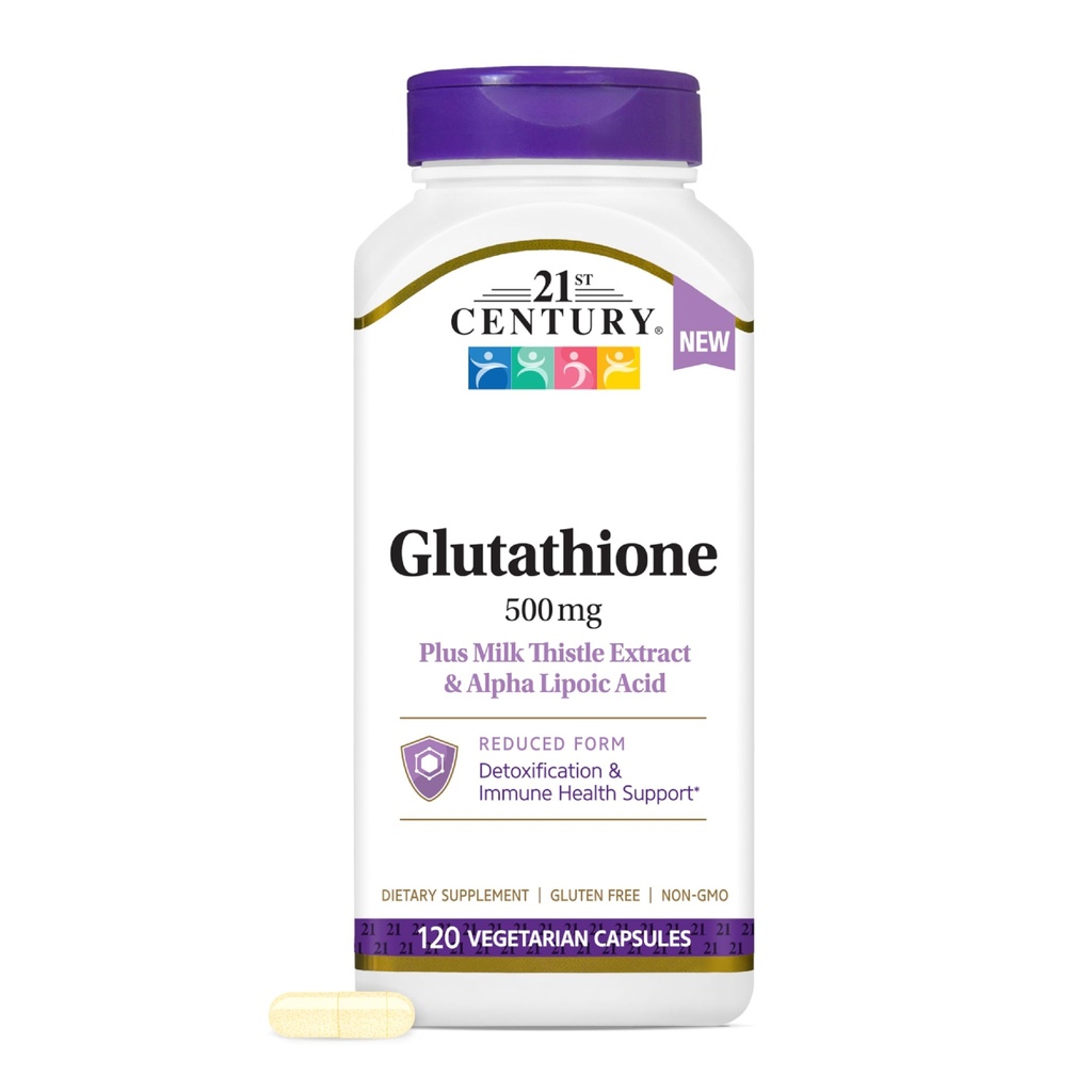 21st Century Glutathione 500mg Reduced – Antioxidant & Liver Support with Milk Thistle, Alpha Lipoic Acid, 120-Day Supply, Vegetarian Capsules, Non-GMO
