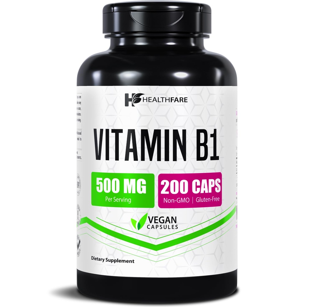 Healthfare Vitamin B1 (Thiamine) 500mg | 200 Vegan Capsules | Extra Strength High Potency Supplement | Supports Energy & Nervous System | Non-GMO, Gluten-Free | Made in USA