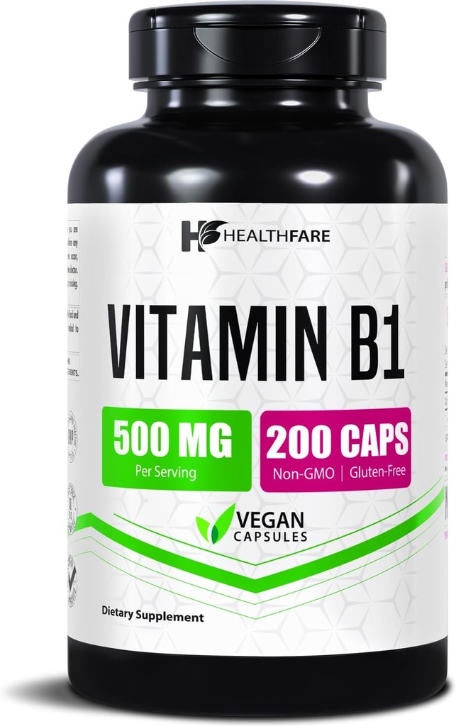 Healthfare Vitamin B1 (Thimin) 500 mg | 200 Vegan Capsules | Ekstra Güçlü Yüksek Potency Supplement | Destekler Enerji & Nervous System | Non-GMO, Gluten-Free | Made in USA