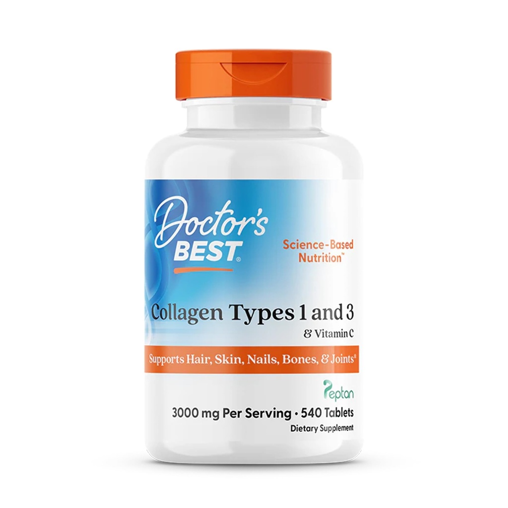 Doktor'un En İyi Kolajn Tipleri 1 & 3, Peptan, Non-GMO, Gluten Free, Soy Free, Supports Hair, Skin, Nails, Tendons & Bones, 1000 Mg, 540 Tabletler