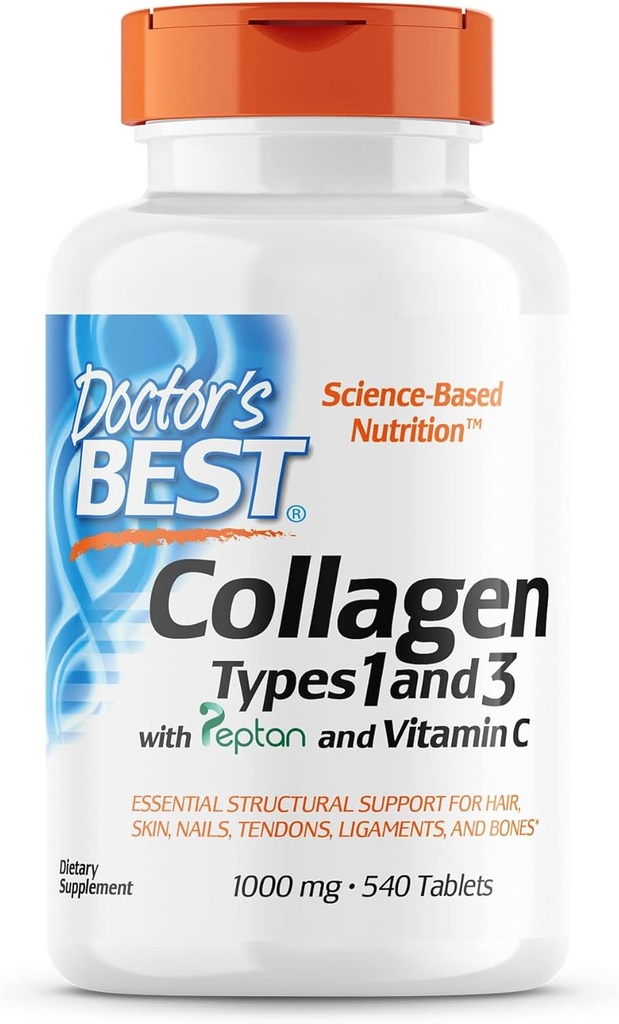 Doktor'un En İyi Kolajn Tipleri 1 & 3, Peptan, Non-GMO, Gluten Free, Soy Free, Supports Hair, Skin, Nails, Tendons & Bones, 1000 Mg, 540 Tabletler