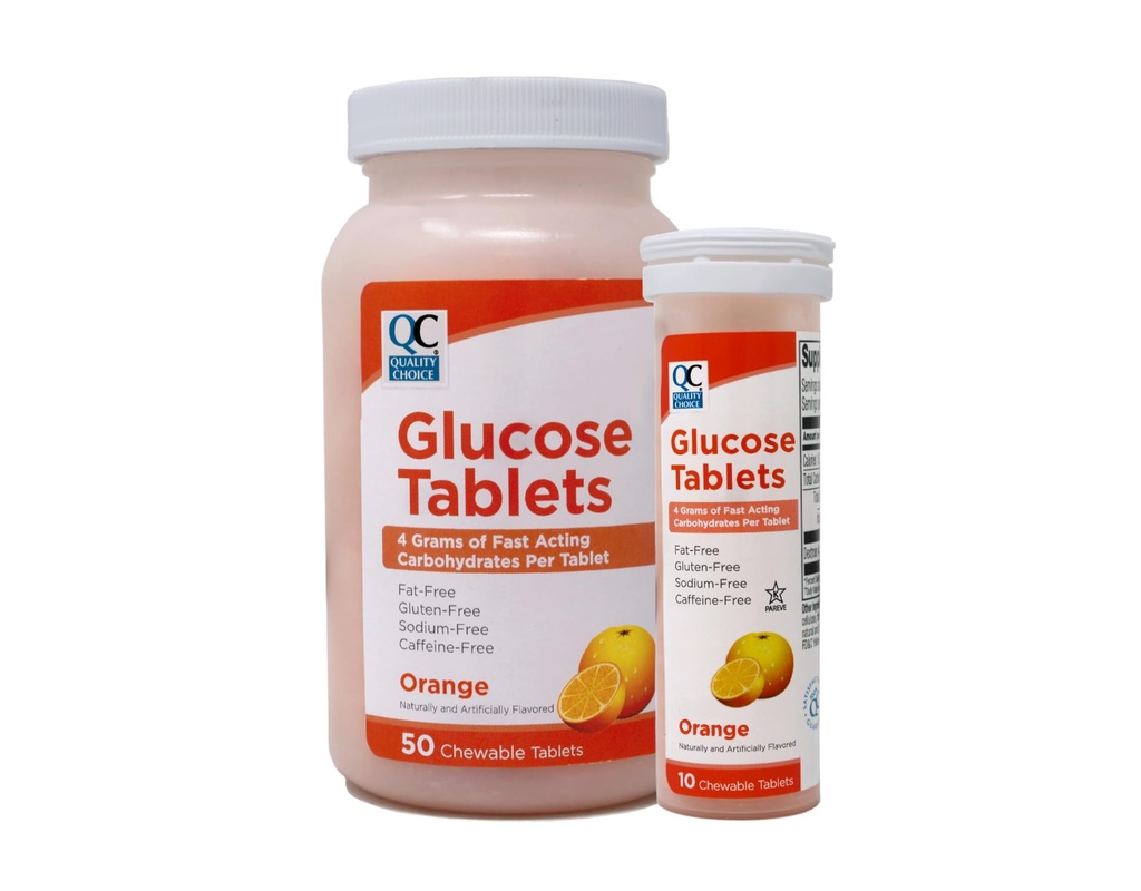 Quality Choice Glucose Tablets Orange Flavor, Fast-Acting Carbohydrate Supplement, Fat-Free Gluten-Free Sodium-Free Caffeine-Free, 50 Chewable Tablets + 10 Chewable Tablets Kit