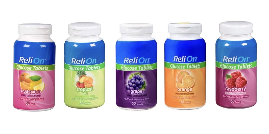ReliOn Glucose Tablets Bundle of Fruit Punch, Tropical Fruit, Grape, Orange, and Raspberry