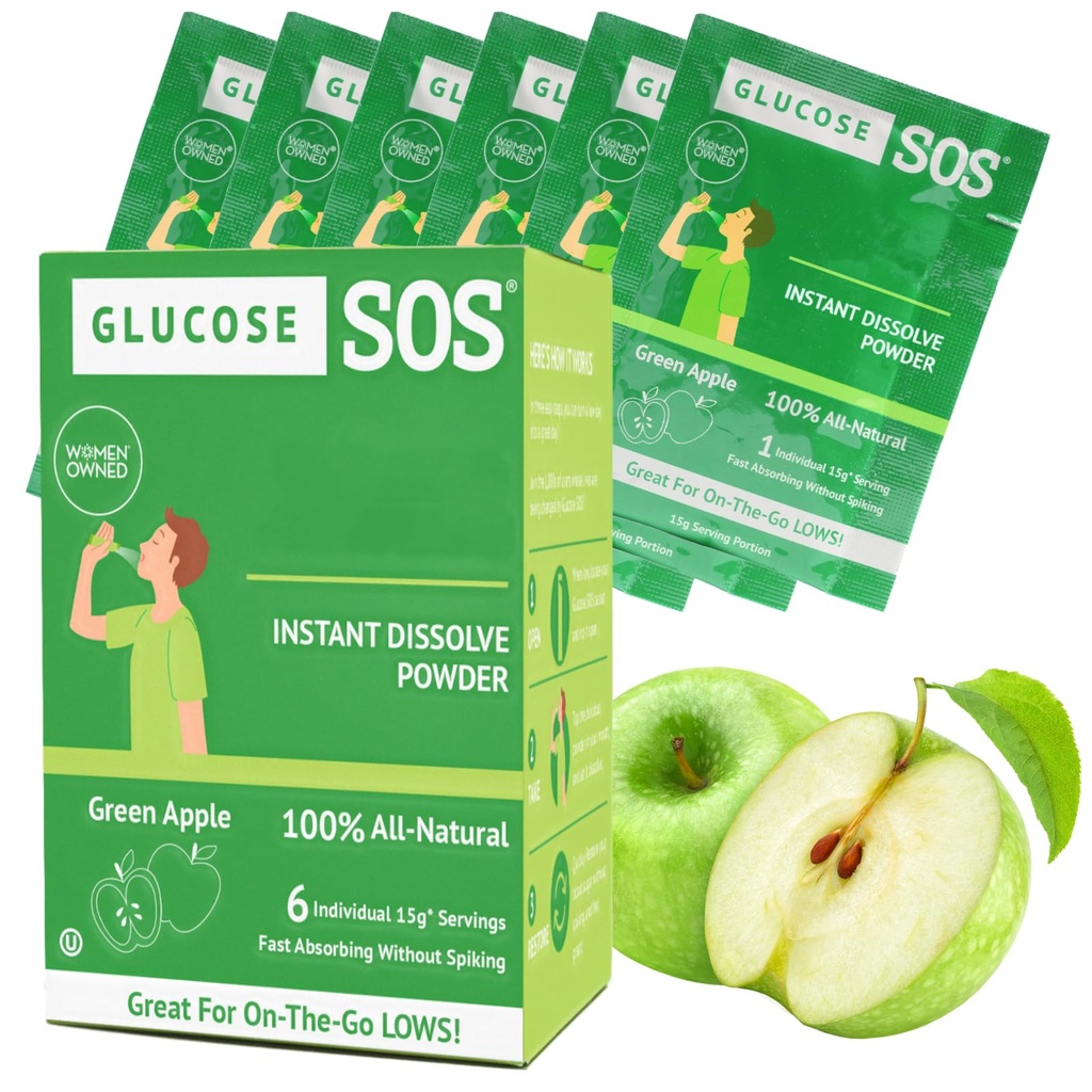 Glucose SOS Powder Packets with Natural Dextrose, Fast-Absorption That Instantly Dissolves in Your Mouth with No Water Needed, Green Apple 6 Servings