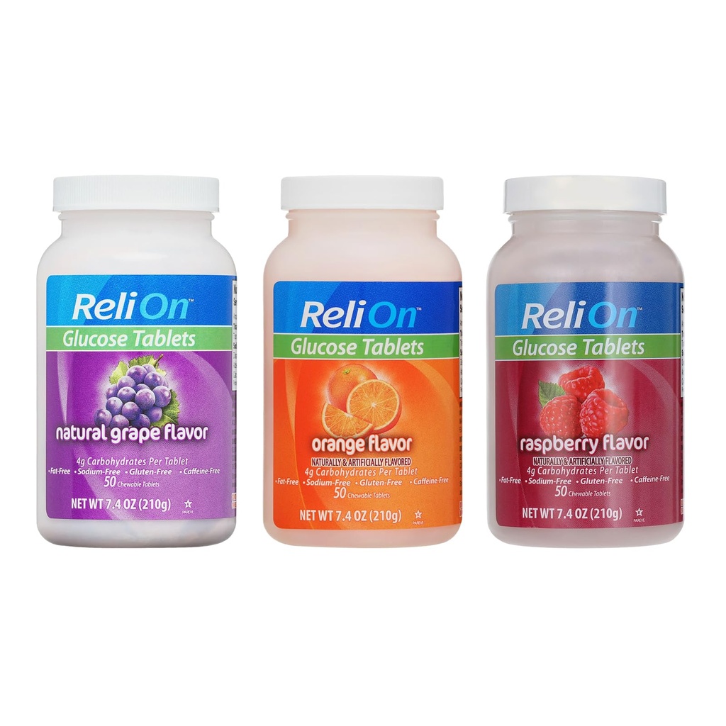 Glucose Tablets Bundle of Grape, Orange, and Raspberry 150 Total Tablets (3 Bottles x 50)