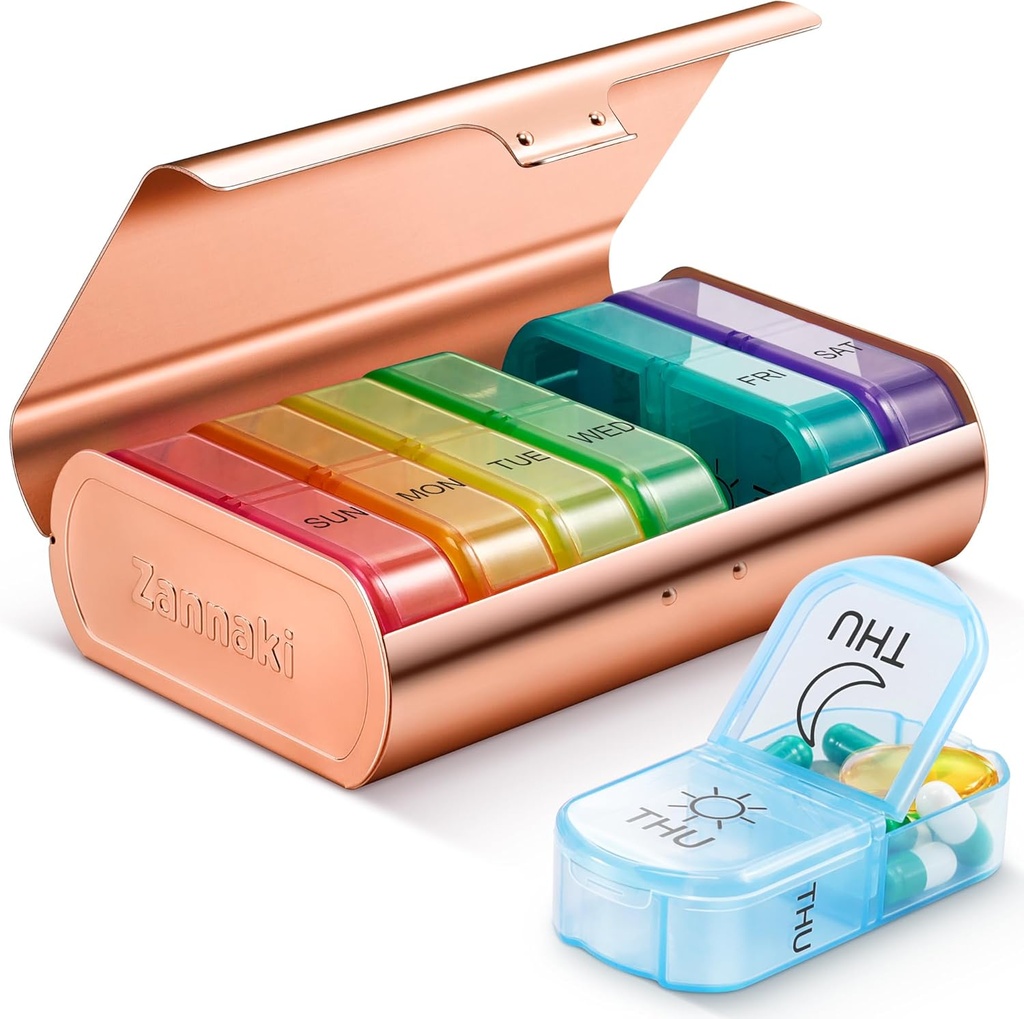 Zannaki Metal XL Weekly Pill Organizer 2 φορές την ημέρα, Μεγάλο Ταξίδι Daily Pill Box 7 ημέρα, Φορητή εβδομάδα δύο φορές κάτοχος Χάπια, AM Pill περίπτωση για ιατρική Βιταμίνη συμπλήρωμα φαρμακευτικής αγωγής, Χρυσό