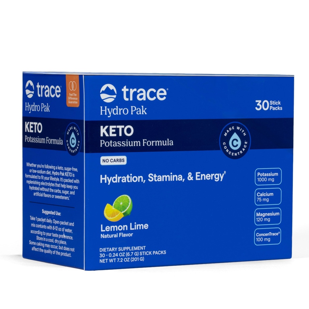 Trace Minerals Hydro Pak Keto – Electrolyte Replenishment Drink Mix – 1000 mg Potassium Plus 70 Supports Energy, Stamina, & Hydration – Lemon Lime Flavor – 30 Servings