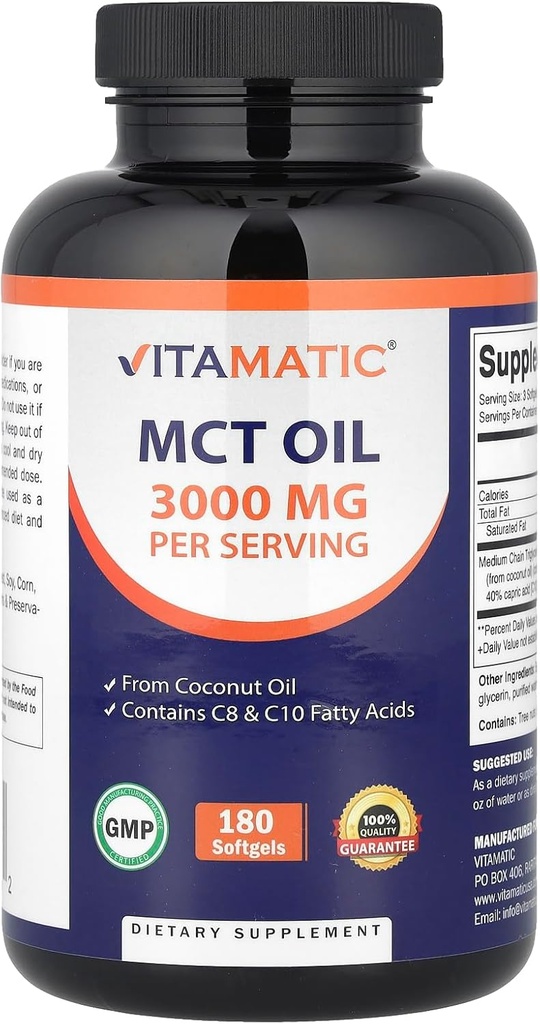 Vitamatic MCT Hizmet başına 3000 mg - 180 Softgels - Coconut Oil -% 55 caprylic Asit C8 ve %40 capric Asit C10