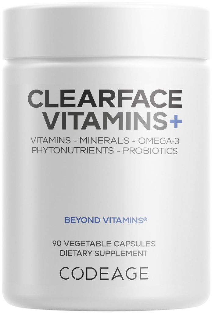 Kodaj Clearface Pantothenic Acid, Niacin Supplement, Vitamins A, C, D3, E, Probiyotikler, çinko, Riboflavin, Thiamin, L-Lysine HCL & Omega-3, Niacinamid, Skin Botanical -