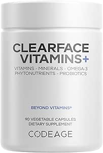 Kodaj Clearface Pantothenic Acid, Niacin Supplement, Vitamins A, C, D3, E, Probiyotikler, çinko, Riboflavin, Thiamin, L-Lysine HCL & Omega-3, Niacinamid, Skin Botanical -