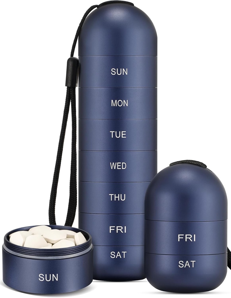 Zannaki Metal Moisture Kanıt Haftalık Pill Organizer, Stackable Alüminyum Alloy BPA Free Travel Hiking 7 Günlük Pill Box Vaka Suları ve Piller, Vitaminler, Fish Oil, Supplements