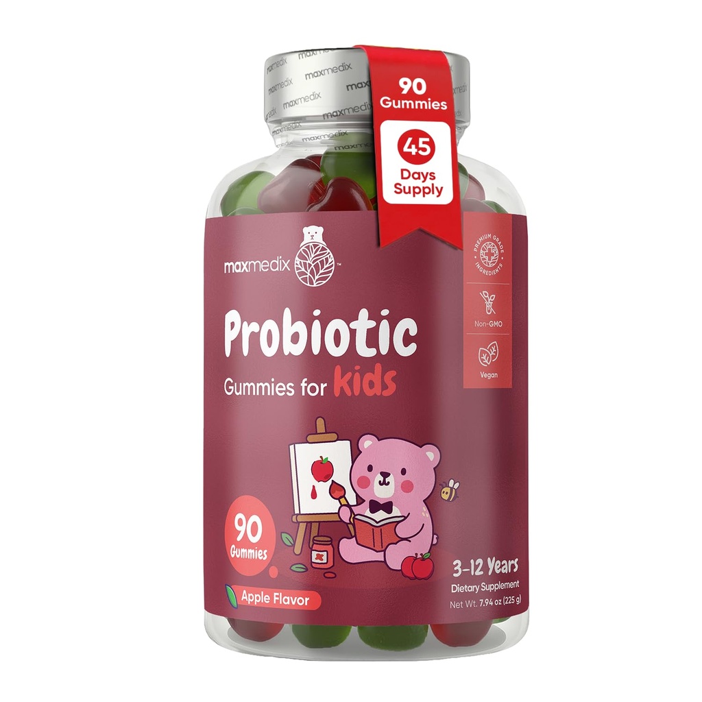 maxmedix Kids Probiotics Gummies | Prebiotic + Probiotics for Kids - 1 Billion CFU & Inulin (45-Day Supply) | 90 Children Synbiotic Gummies | Natural Apple Flavor | Vegan, Non-GMO