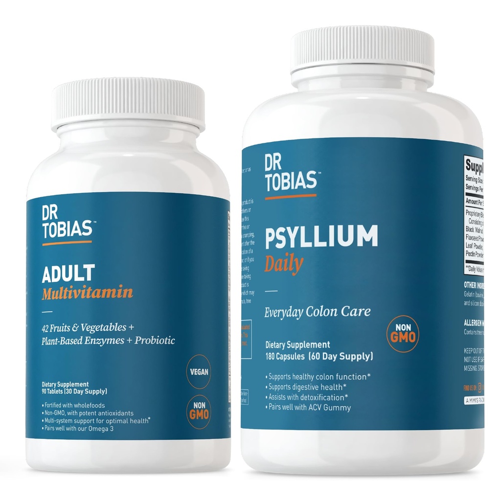 Dr. Tobias Adult Multivitamin & Psyllium Daily Supports Energy, Immunity & Healthy Bowel Movations with 42 Fruits & Vegatables, Psllium Husk, Bentonite Clay, Flaxseed & Natural Ingredients