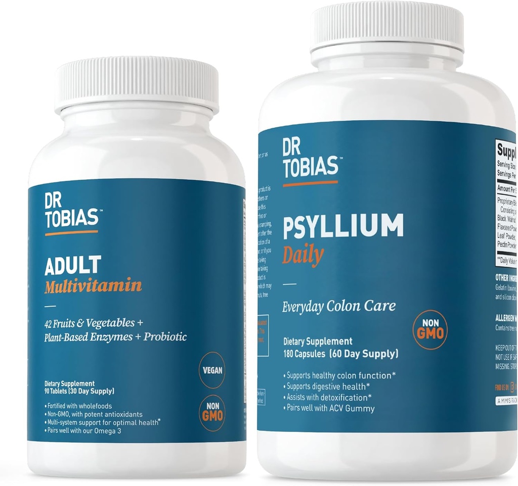 Dr. Tobias Yetişkin Multivitamin & Psyllium Daily Supports Energy, Immunity & Sağlıklı Bowel Hareketleri 42 Meyve ve Vegatables, Psllium Husk, Bentonite Clay, Flaxse & Natural Materialss
