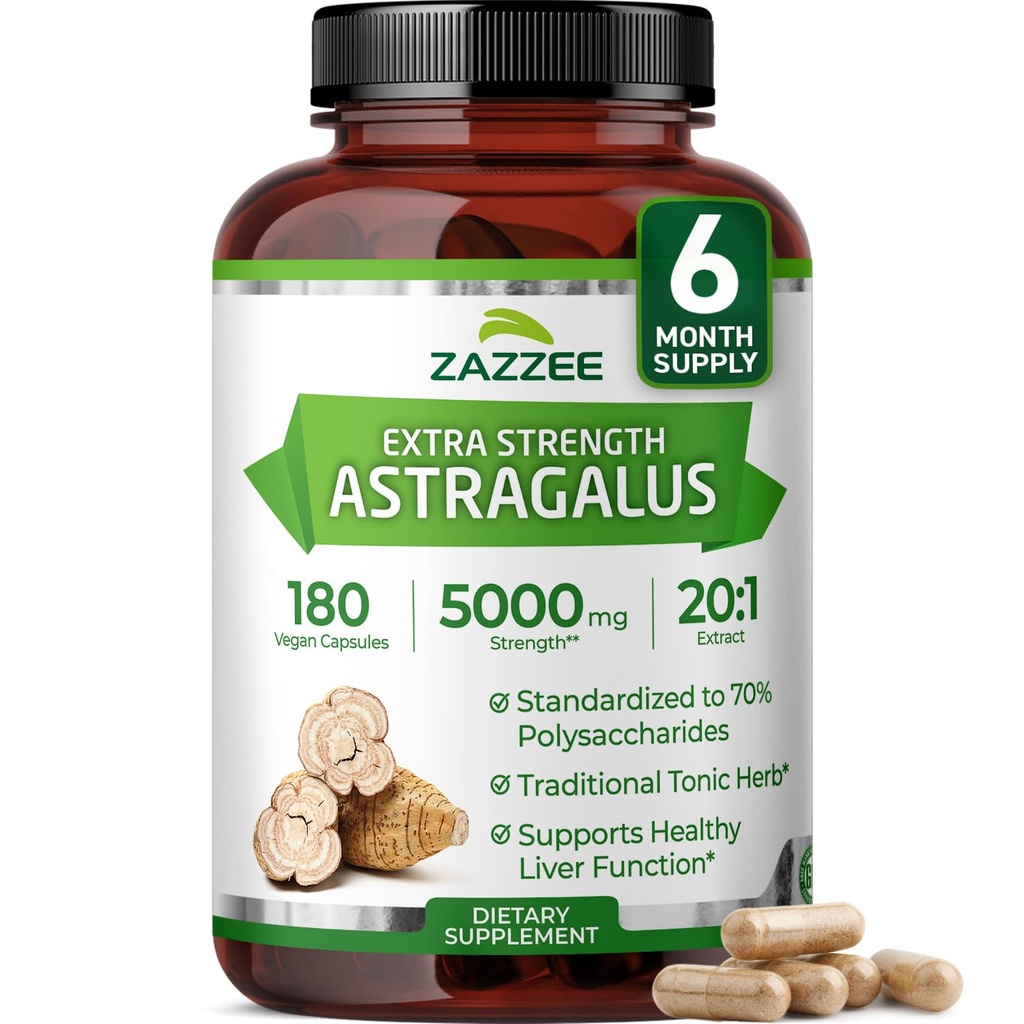 Zazzee Extra Strength Astragalus Root 20:1 Extract, 5000 mg Δύναμη, 70% Πολυσακχαρίτες, 180 κάψουλες Vegan, 6μηνη προσφορά, 100% χορτοφαγική, τυποποιημένη και συμπυκνωμένη εκχύλισμα 20X, μη ΓΤΟ