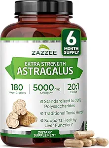Zazzee Extra Strength Astragalus Root 20:1 Extract, 5000 mg Strength, 70% Polysaccharides, 180 Vegan Capsules, 6 Month Supply, 100% Vegetarian, Standardized and Concentrated 20X Extract, Non-GMO