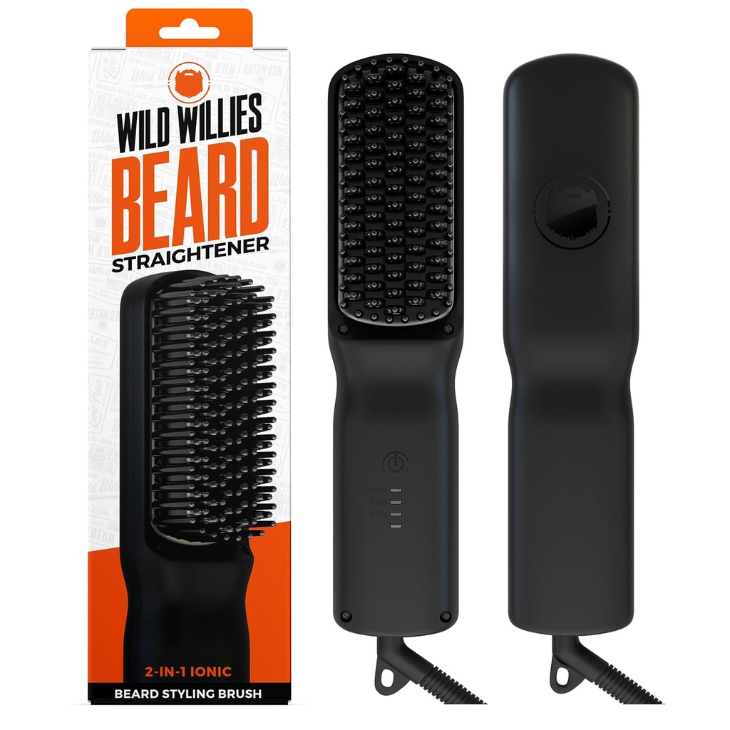 Vahşi Willies Beard Rightener for Men - 3 Sıcaklık Ayarları, Turmaline Seramik Heated Beard Brush & Hot Comb - Portatif, Ionic Technology, Coarse & Curly Hair, 400F - Grooming Tool