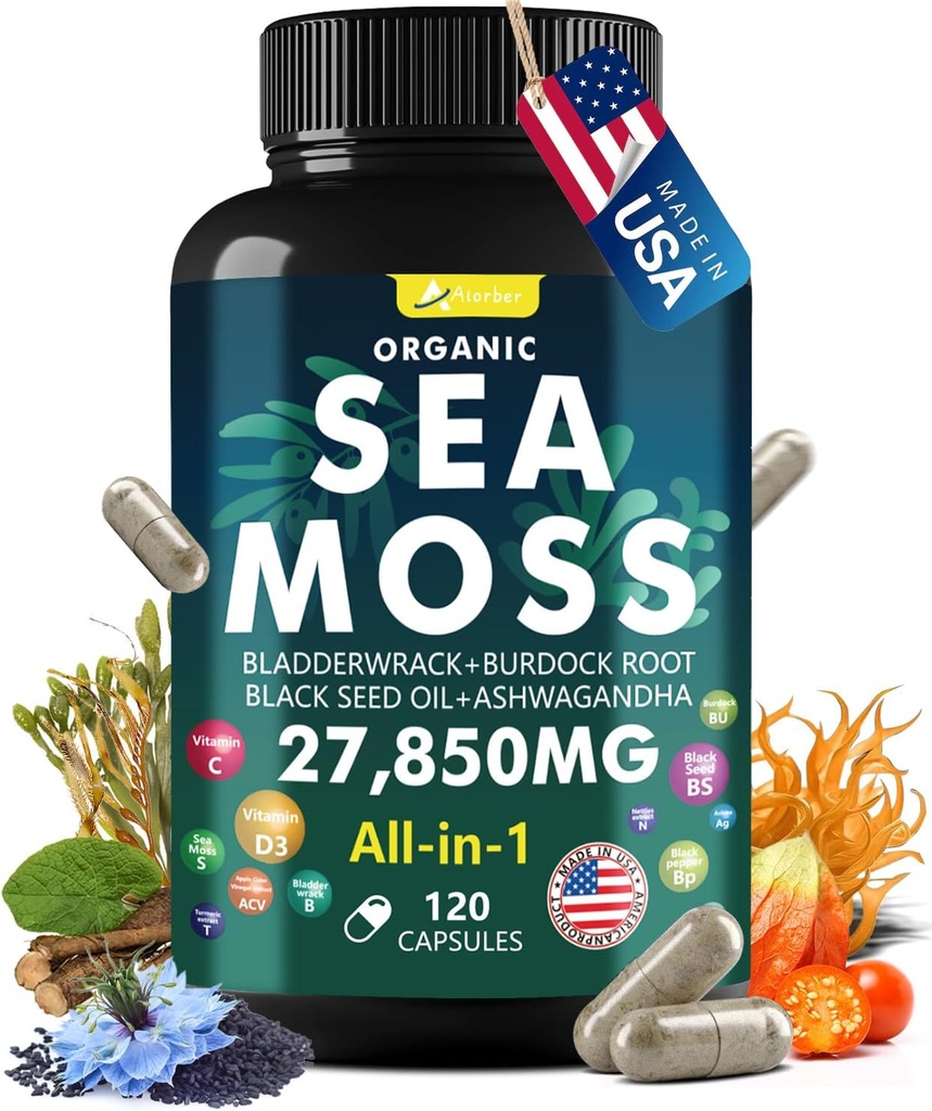 Sea Moss Capsule Complex with Sea Moss, Black Seed Oil, Aşhwagandha, Ginger & Vitamins C, D3-120 Κάψουλες,Superfood Συμπληρώματα - Advanced Seamoss Χάπια, Wild Sea Moss Hills, Made in USA