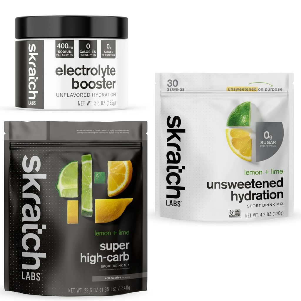 Skratch Labs Hydration System Bundle | Electrolyte Booster + Lemon Lime High-Carb Mix + Lemon Lime Unsweetened Sport Drink Mix | Developed for Athletes and Sports Performance | Gluten Free, Vegan
