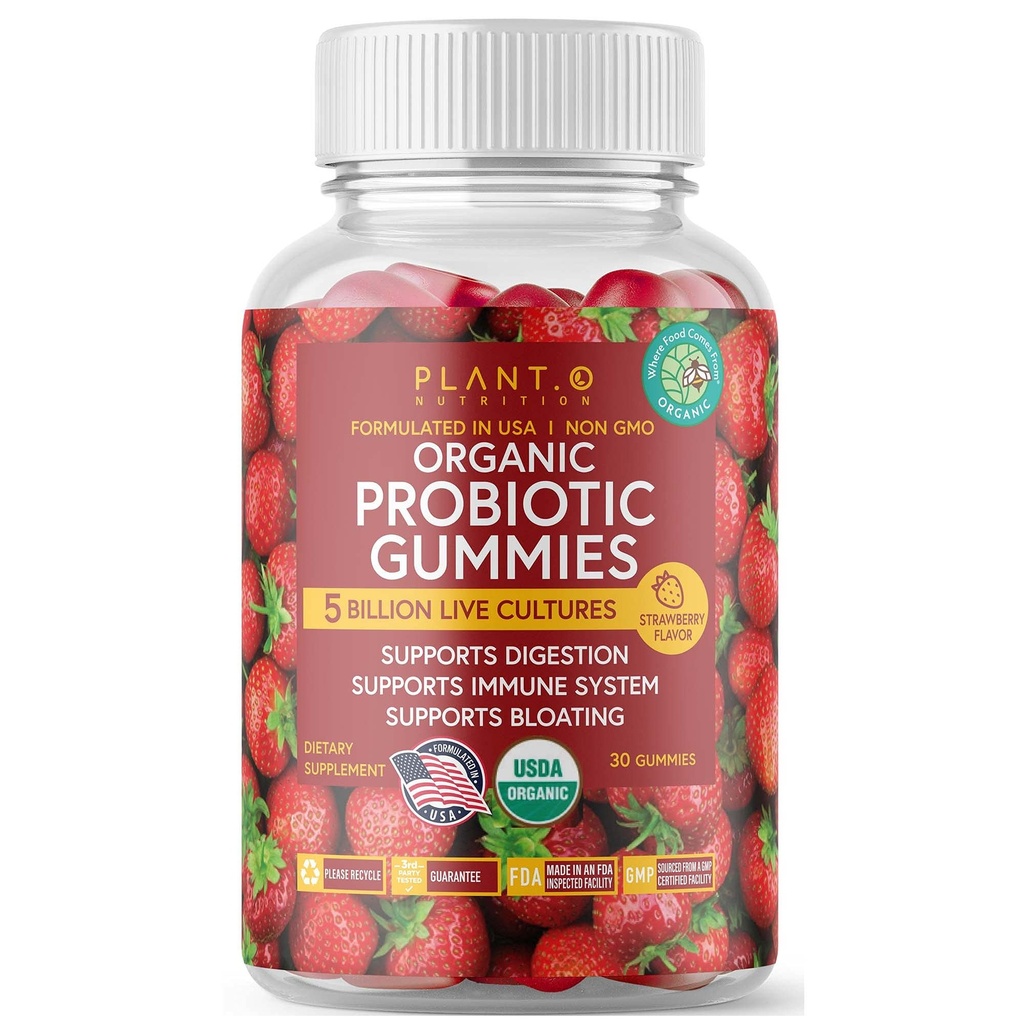 Plant.O Organik Probiyotik Kadınlar için Gummies, Erkekler ve Çocuklar [5 Milyar CFUs USDA sertifikalı] Destek Digestion, Bloating, Constipation & Immune System, Strawberry Flavor, 30 Chewable Probiyotiks